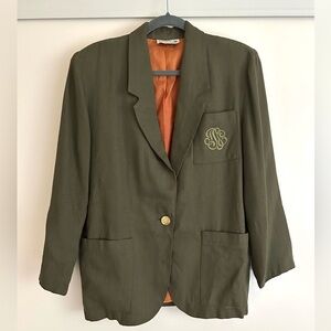 Vintage Olive Women's Blazer with Embroidered Detail